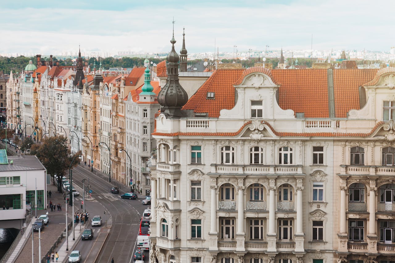 Stunning view of Prague's historic architecture with intricate facades. Captures the essence of urban Czechia.